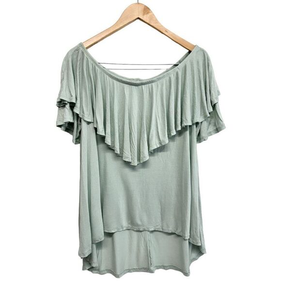 Free People Beach Off Shoulder Shirt Ruffle Green Pullover Size Large - Picture 1 of 8